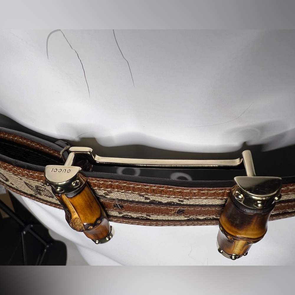 Gucci Bamboo Brown Gold Tan Leather Jackie Fabric GG Monogram Belt - Picture 5 of 10